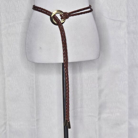 Vintage 90's Boho Flexible Braided Leather Goldtone Hardware Ring Tubular Belt - Picture 5 of 9